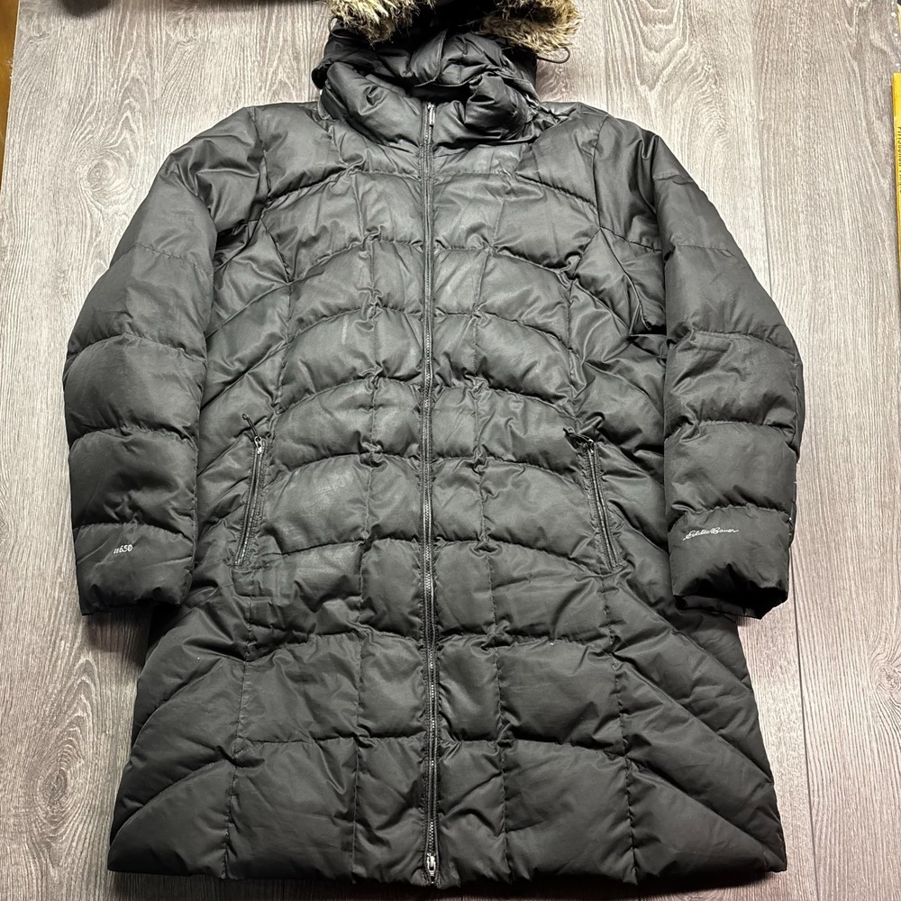 Eddie Bauer 650 Black 2XL XXL Lodge Down Parka Jacket Long Faux Fur Women